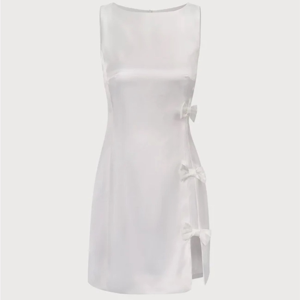 NWT RIHOAS The White Boat Neck Bowknot Satin Mini Dress Sz S - Picture 6 of 7
